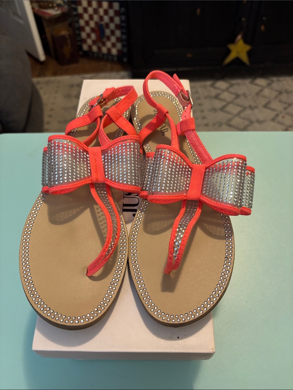 JustFab Neon Coral Bow Rhinestone T-Strap Sandals